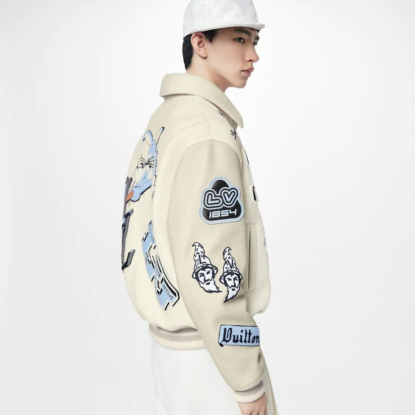 Jaqueta Louis Vuitton Varsity Em Couro Bordada “Multi-Patches Mixed/Milky White”